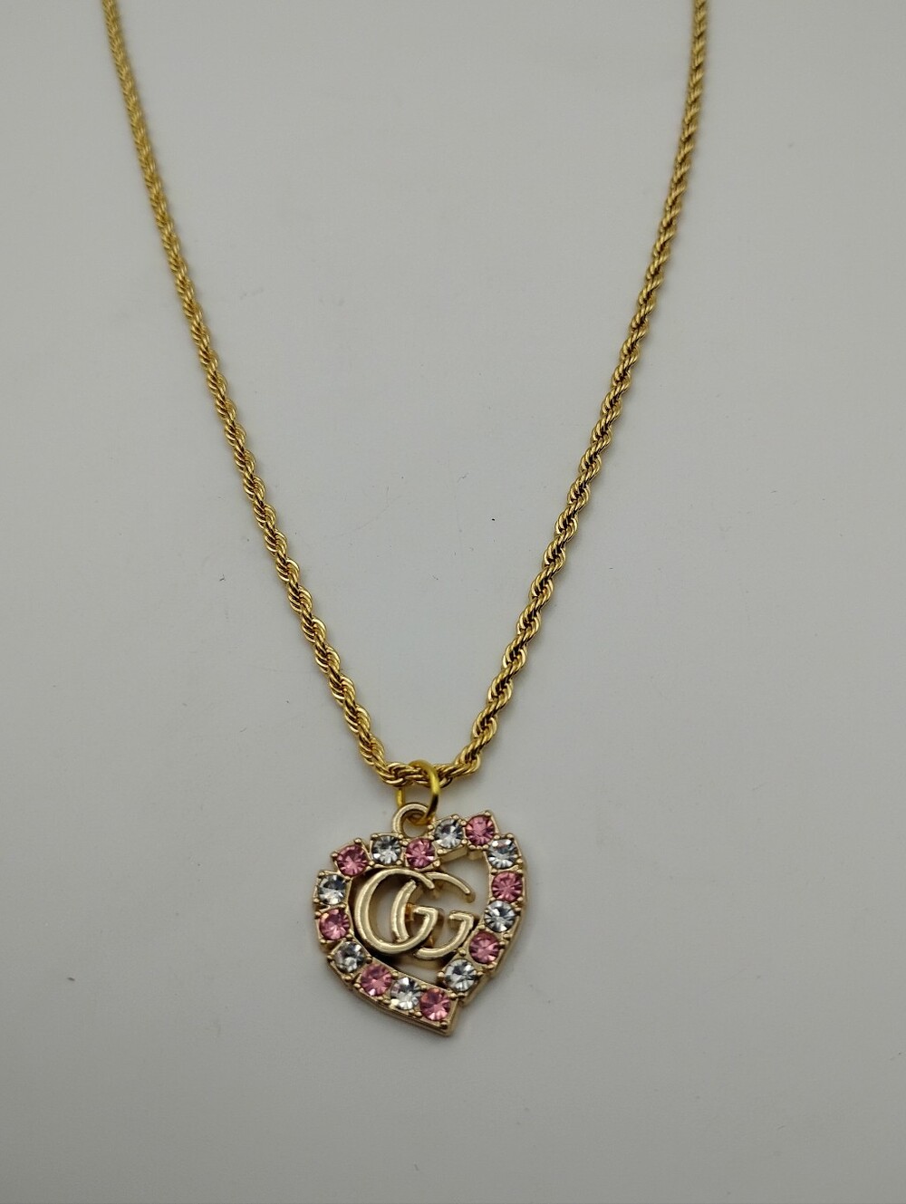 Gucci Gold Heart Pendant On A 14K Gold Rope Necklace with Pink&Clear Crystals